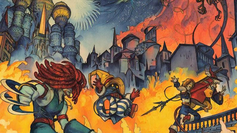 Art shows FF9 characters fighting in Alexandria.