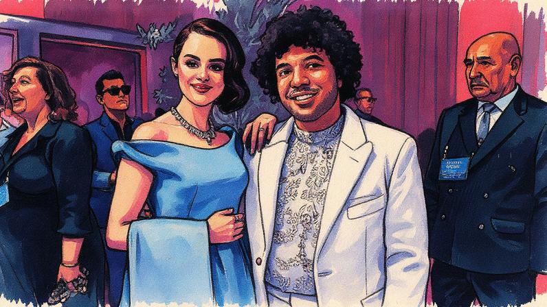 LOS ANGELES, CALIFORNIA - JANUARY 5, 2025, 82ND GOLDEN GLOBE AWARDS - Selena Gomez and Benny Blanco at the 82nd Golden Globe Awards, held at the Beverly Hilton Hotel in Los Angeles on January 5, 2025. (Photo by Jason Armond / Los Angeles Times via Getty Images)