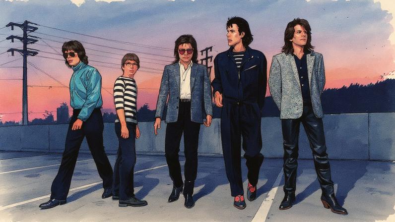 Members of the band The Cars (from left: David Robinson, Greg Hawkes, Benjamin Orr, Ric Ocasek and Elliot Easton) pose for a picture at dusk.. (Photo by Lynn Goldsmith/Corbis/VCG via Getty Images)