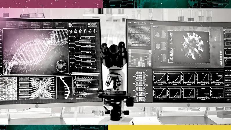 Imagem de duas telas de computador com gráficos e tabelas de DNA. Entre elas vê-se um microscópio.