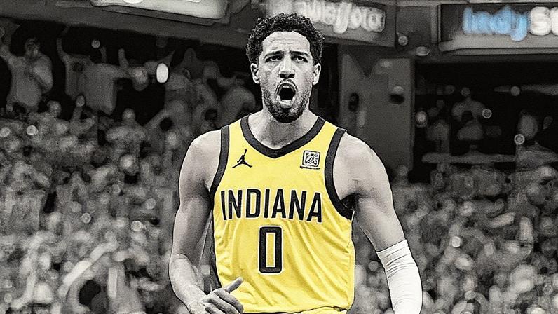 Tyrese Haliburton, do Indiana Pacers, comemora cesta contra o Oklahoma City Thunder no Jogo 3 das Finais da NBA (Foto: Reprodução)