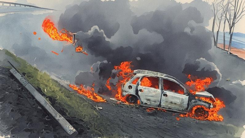 Acidente envolvendo seis veículos, resultando em duas mortes e duas pessoas feridas; quatro veículos foram consumidos pelas chamas (Foto: Reprodução)