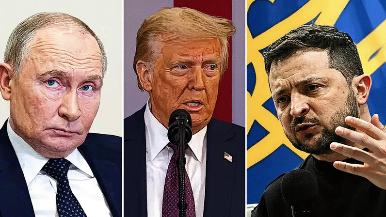 Três líderes políticos posam para foto: Vladimir Putin, Donald Trump e Volodymyr Zelensky (Foto: Reprodução)