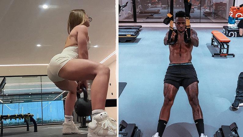 Virginia malha na academia da mansão de Vini Jr. em Madri (Foto: Reprodução)