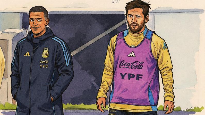 Treinador Scaloni e jogador Messi durante treino da seleção argentina (Foto: Reprodução)