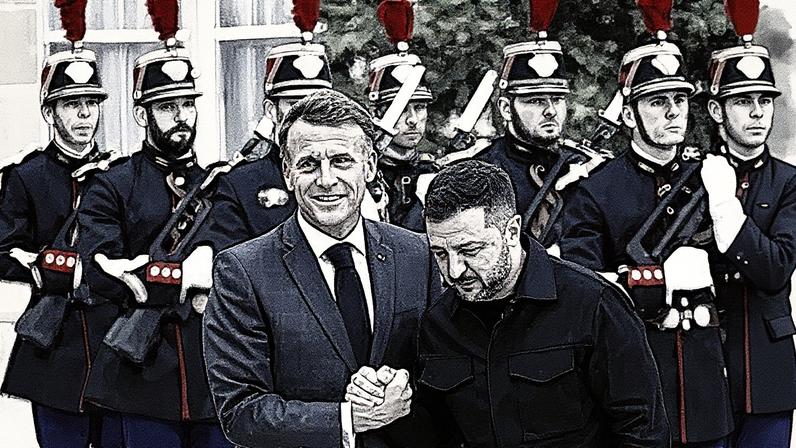 Presidente francês, Emmanuel Macron, recebe o presidente ucraniano, Volodímir Zelenski, no Elíseo (Foto: Reprodução)