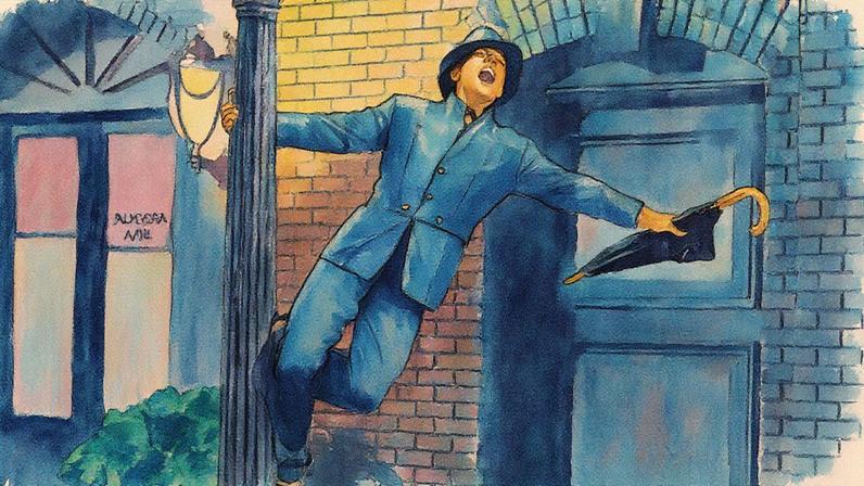 Homem e mulher dançam sob a chuva, com guarda-chuvas coloridos, em uma cena do filme "Cantando na chuva" (1952) (Foto: Reprodução)