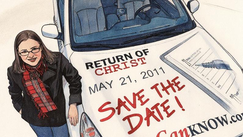 Mulher posa ao lado de seu carro em Raleigh, Carolina do Norte, exibindo uma mensagem sobre o arrebatamento (Foto: Reprodução)