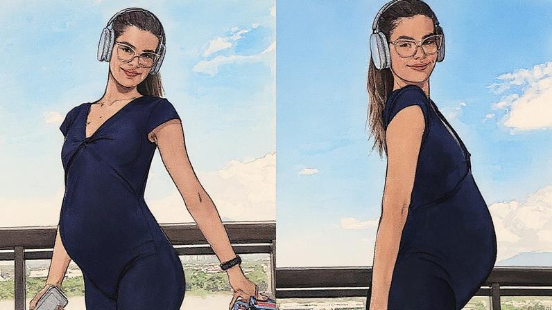 Camila Queiroz posa em varanda de apartamento, exibindo a evolução da barriga de grávida com um look justinho (Foto: Reprodução)