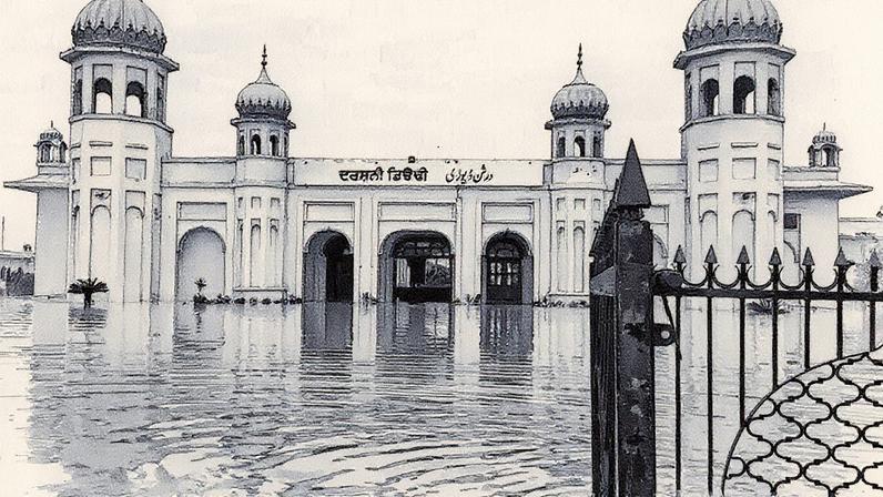 Gurdwara Darbar Sahib, um santuário de Guru Nanak Dev, está submerso após chuvas torrenciais em Kartarpur, no distrito de Narowal, Paquistão (Foto: Reprodução)