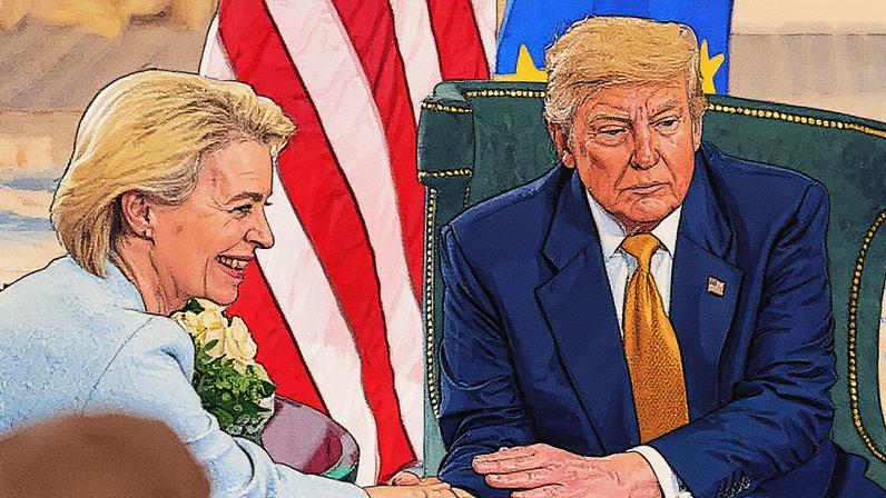 Presidentes Donald Trump e Ursula von der Leyen apertam as mãos durante anúncio de acordo comercial entre EUA e UE em Turnberry, Escócia (Foto: Reprodução)