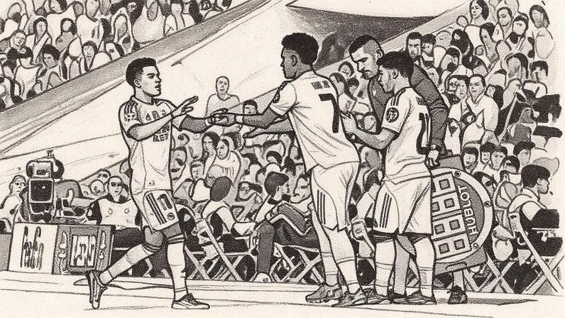 Vini Jr. entra em campo para substituir Rodrygo durante a partida entre Real Madrid e Olympique de Marselha (Foto: Reprodução)