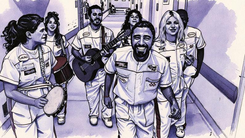 Felipe Haiut, idealizador do Conexão do Bem, participa de cortejo ao lado de outros artistas no Hospital Universitário Pedro Ernesto (Foto: Reprodução)