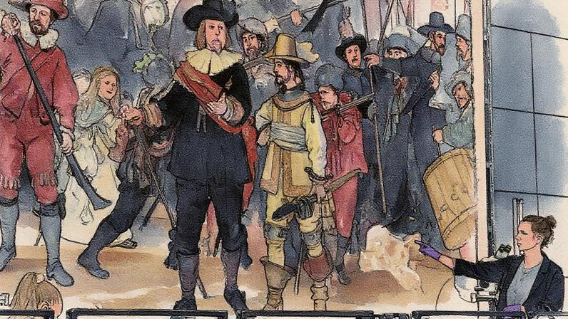 Pesquisadora aponta para o cão no quadro 'Ronda Noturna', de Rembrandt (Foto: Reprodução)