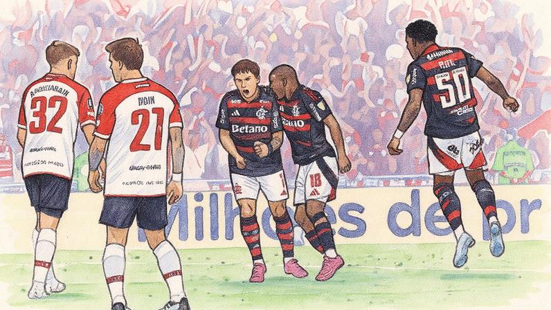 Flamengo e Estudiantes em campo durante o jogo de ida das quartas de final da Libertadores (Foto: Reprodução)
