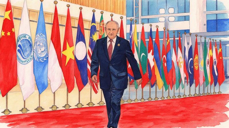 Presidente russo, Vladimir Putin, chega à cerimônia de boas-vindas aos chefes de Estado na cúpula da OCS em Tianjin (Foto: Reprodução)