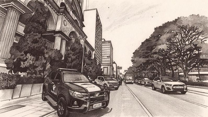 Carros da Receita e da polícia estão estacionados na Avenida Faria Lima durante uma investigação relacionada ao PCC (Foto: Reprodução)