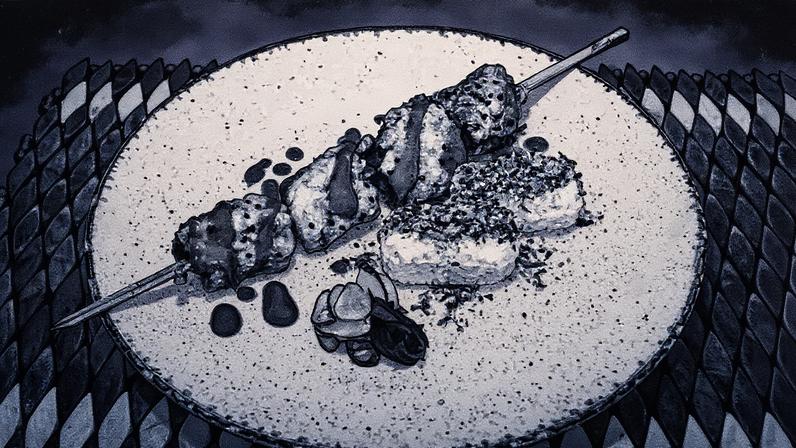 Espetinho de peixe de missô com taperebá, oniguiri com furikake amazônico e conserva de maxixe, servido em um festival (Foto: Reprodução)