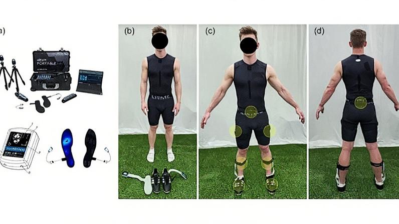 Equipamentos de laboratório portátil, unidade de medição inercial (IMU) e sensores de palmilha utilizados durante o estudo, com destaque para o posicionamento do sensor de palmilha e do sensor IMU em vistas frontal e posterior (Foto: Reprodução)