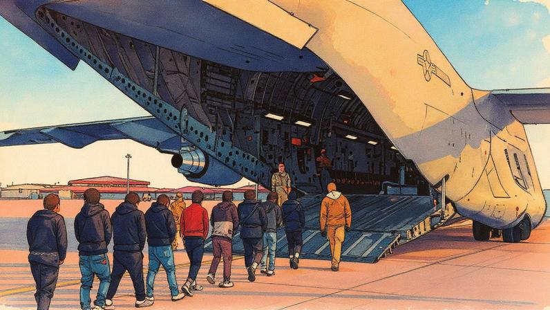 Migrantes embarcam em um voo de deportação durante a primeira semana de Donald Trump no cargo (Foto: Reprodução)