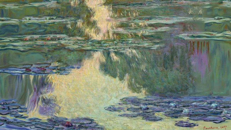 Pintura de lírios d'água em tons de azul e verde, com reflexos na superfície da água (Foto: Reprodução)