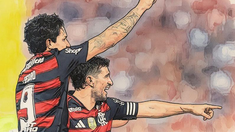 Pedro e Arrascaeta comemoram um gol do Flamengo em 2025 (Foto: Reprodução)