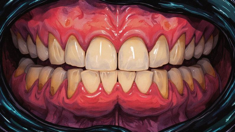 Dentes com retração gengival nas áreas amareladas próximas à gengiva (Foto: Reprodução)