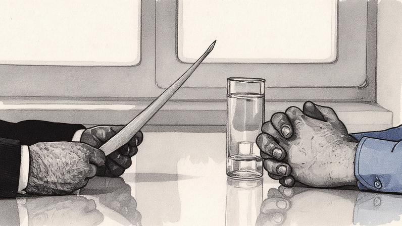 Entrevista de emprego em andamento, com candidatos sentados em uma mesa e um entrevistador à frente (Foto: Reprodução)