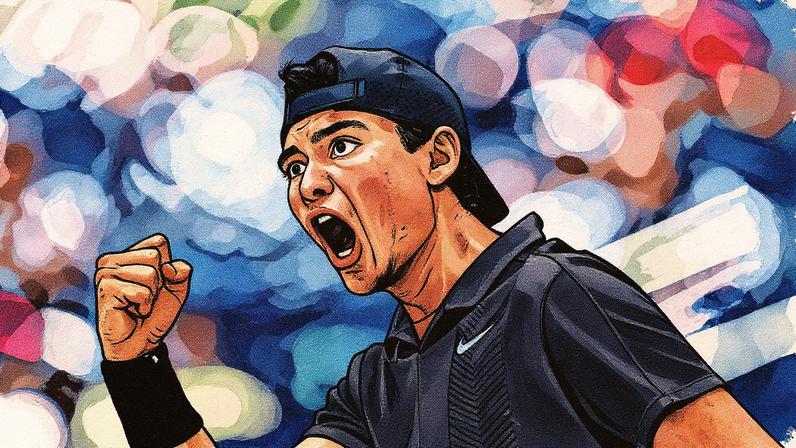 Guto Miguel celebra vitória sobre Oliver Bonding nas quartas de final do US Open juvenil de 2025, em Nova York (Foto: Reprodução)