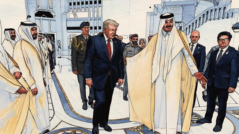 Presidente dos Estados Unidos, Donald Trump, conversa com o emir do Catar, Sheikh Tamin bin Hamad al Thani, em Doha (Foto: Reprodução)