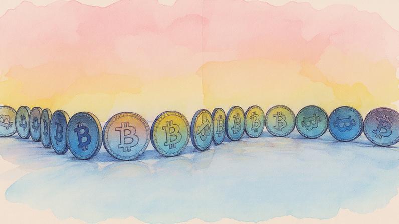 Imagem em tons pastéis de moedas genéricas com o símbolo do Bitcoin dispostas em uma curva, contra um fundo multicolorido, representando o conceito de blockchain e criptomoeda (Foto: Reprodução)