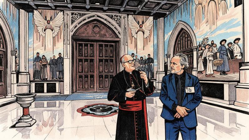 Cardeal Timothy Dolan, Arcebispo de Nova York, e o artista Adam Cvijanovic, revelam um novo mural pintado por Cvijanovic na Catedral de São Patrício, em Nova York. O mural, o maior trabalho artístico permanente encomendado para a catedral em 146 anos, celebra a Aparição de 1879 em Knock, Irlanda, a fé de gerações de imigrantes em Nova York e o serviço dos primeiros socorristas da cidade. (Foto: Reprodução)