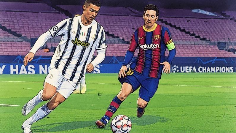 Cristiano Ronaldo e Lionel Messi se enfrentam em jogo da Champions League no Camp Nou, em Barcelona (Foto: Reprodução)