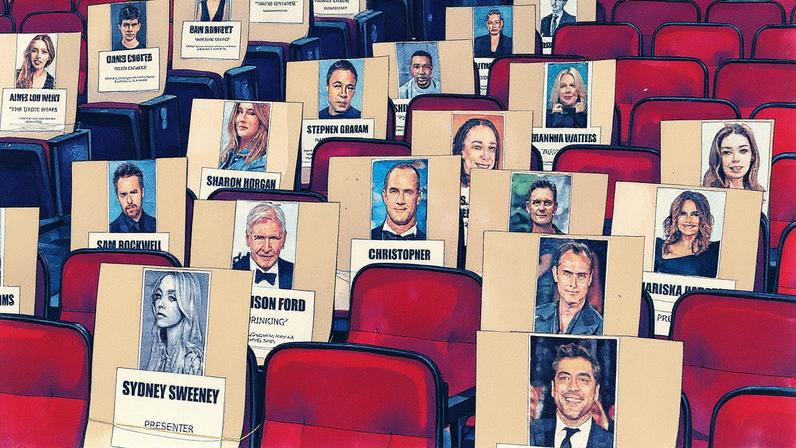 Mapa de assentos dos convidados do Emmy 2025, com fotos de Javier Bardem, Sydney Sweeney e Harrison Ford (Foto: Reprodução)