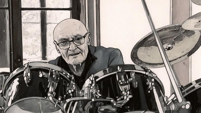 Phil Collins toca bateria em cena do documentário 'Drummer First' (Foto: Reprodução)