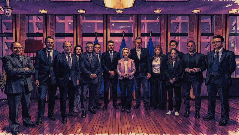 Ursula von der Leyen, presidenta da Comissão Europeia, recebe representantes da aliança Lena em Bruxelas, incluindo Joseph Oughourlian, presidente do grupo Prisa e EL PAÍS (Foto: Reprodução)