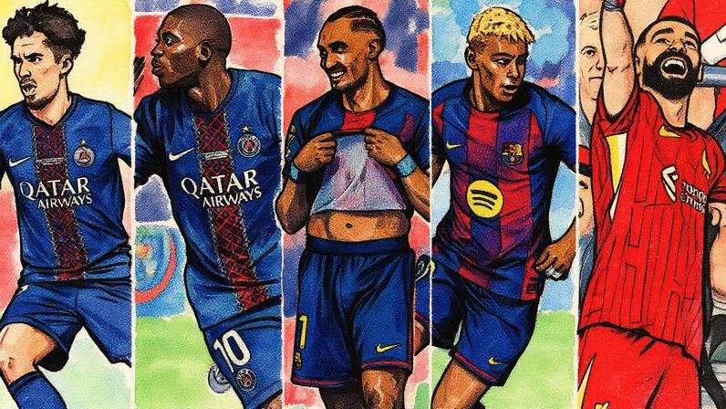 Jogadores Vitinha, Dembélé, Raphinha, Yamal e Salah disputam a Bola de Ouro de 2025 (Foto: Reprodução)