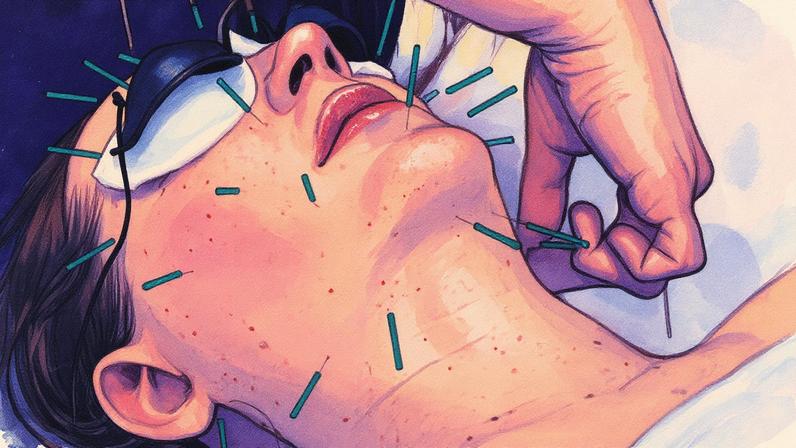 Sessão de acupuntura facial em andamento em uma clínica (Foto: Reprodução)