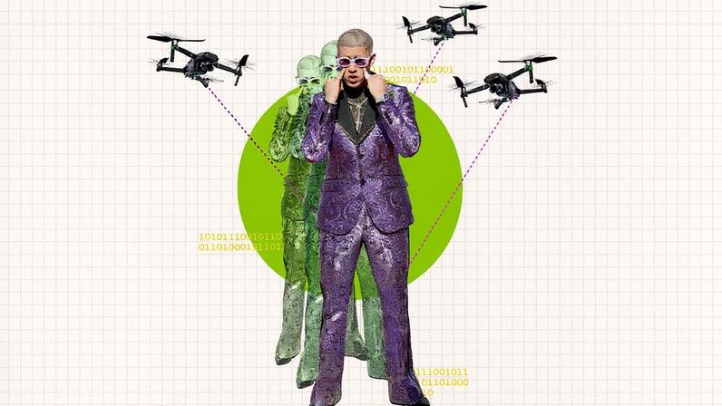 Bad Bunny é perseguido por três drones que circulam sobre sua cabeça (Foto: Reprodução)