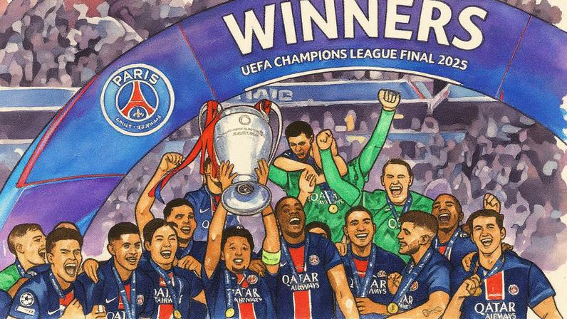 Marquinhos levanta a taça da Champions 2025 como capitão do Paris Saint-Germain na final contra a Inter de Milão (Foto: Reprodução)