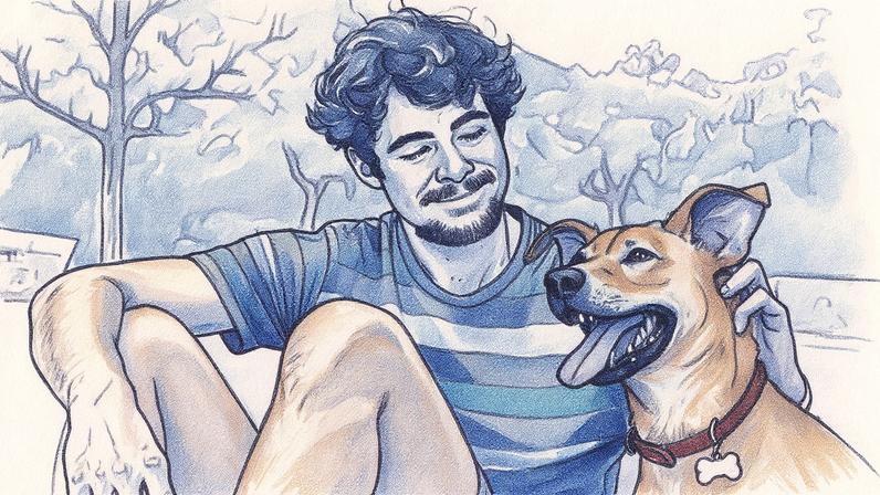 Rafael Vitti interpreta o personagem Pedro ao lado do cachorro Amendoim (Foto: Reprodução)