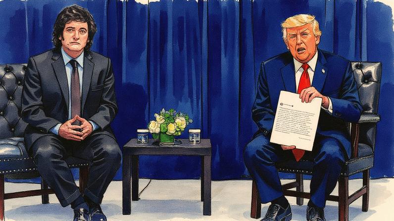 Donald Trump segura uma versão impressa de um post de sua rede social ao lado do presidente da Argentina, Javier Milei, em Nova York (Foto: Reprodução)