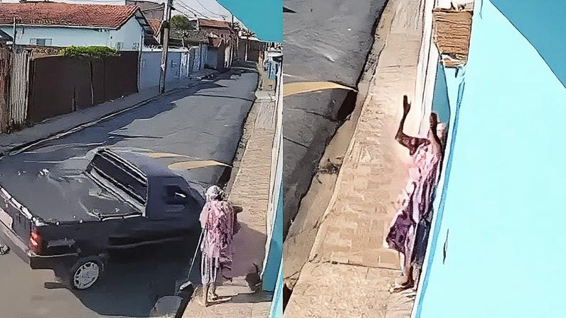 Idosa varre a calçada de casa enquanto uma caminhonete desgovernada se aproxima (Foto: Reprodução)