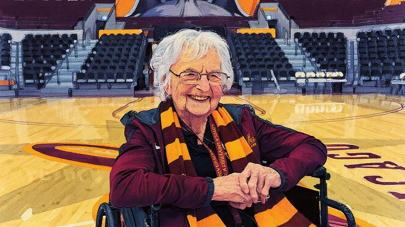 Irmã Jean Dolores Schmidt, capelã do time de basquete masculino da Loyola University, posa para um retrato na The Joseph J. Gentile Arena, em Chicago (Foto: Reprodução)