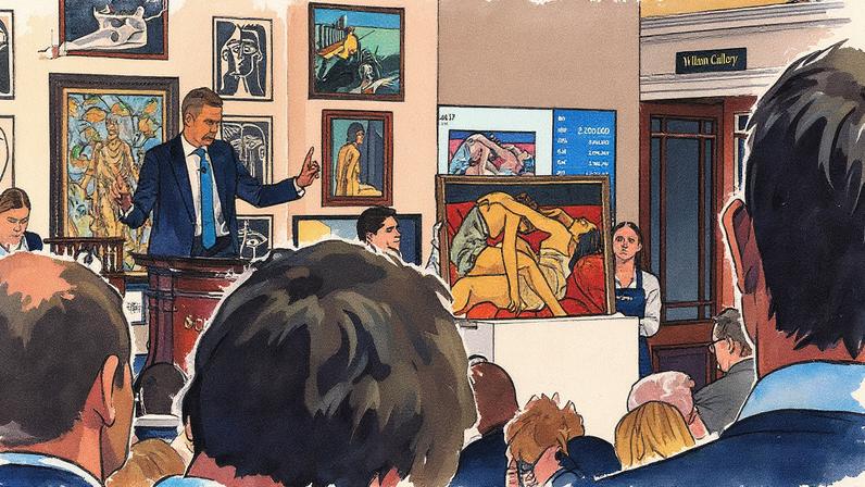 Oliver Barker fala ao microfone em um leilão na Sotheby's em Londres (Foto: Reprodução)