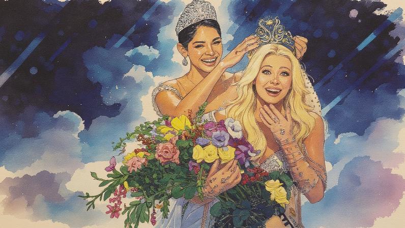 Em 2026, o Miss Universo celebra seu 'aniversário de diamante'; à dir., Victoria Kjaer é coroada por Sheynnis Palacios em 2024 (Foto: Reprodução)