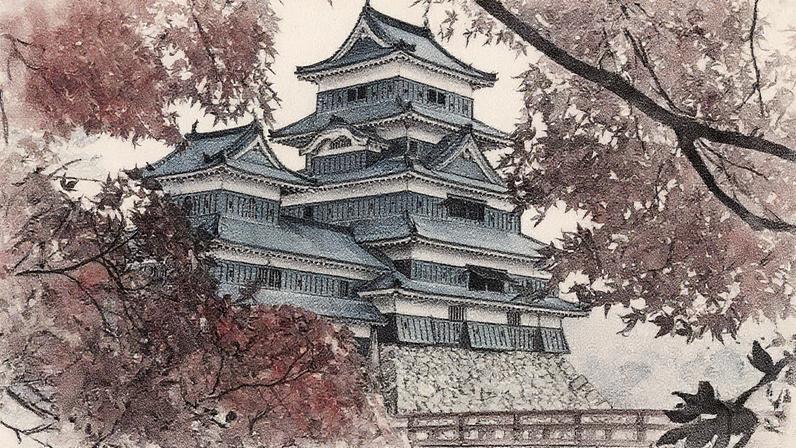 Castelo de Matsumoto emoldurado por folhas vermelhas de bordo (Foto: Reprodução)