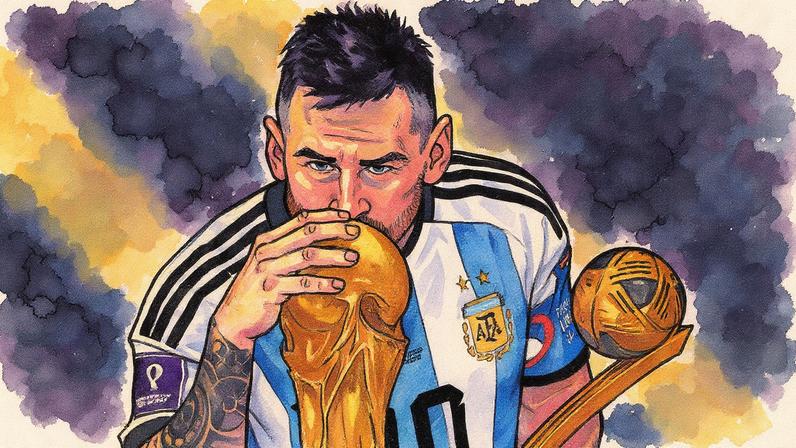 Capitão da Argentina, Lionel Messi, beija o Troféu da Copa do Mundo durante a cerimônia após a vitória da Argentina sobre a França na final da Copa do Mundo de 2022 (Foto: Reprodução)