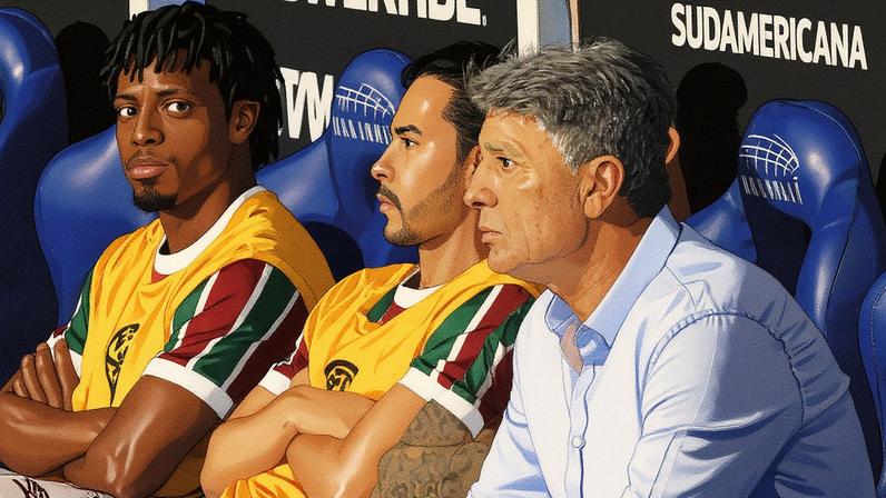 Renato observa o jogo do Fluminense contra o Lanús, acompanhado por atletas no banco (Foto: Reprodução)