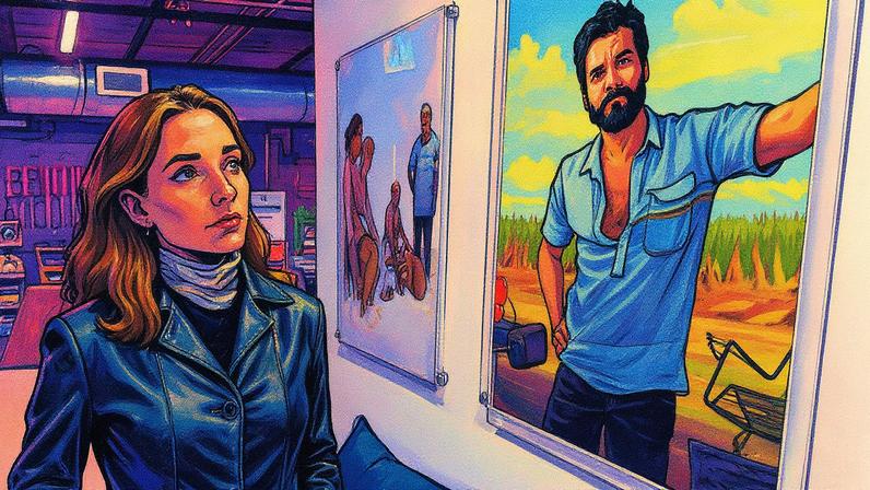 Emilie Lesclaux, produtora de 'O agente secreto', ao lado de cartaz com o ator Wagner Moura (Foto: Reprodução)